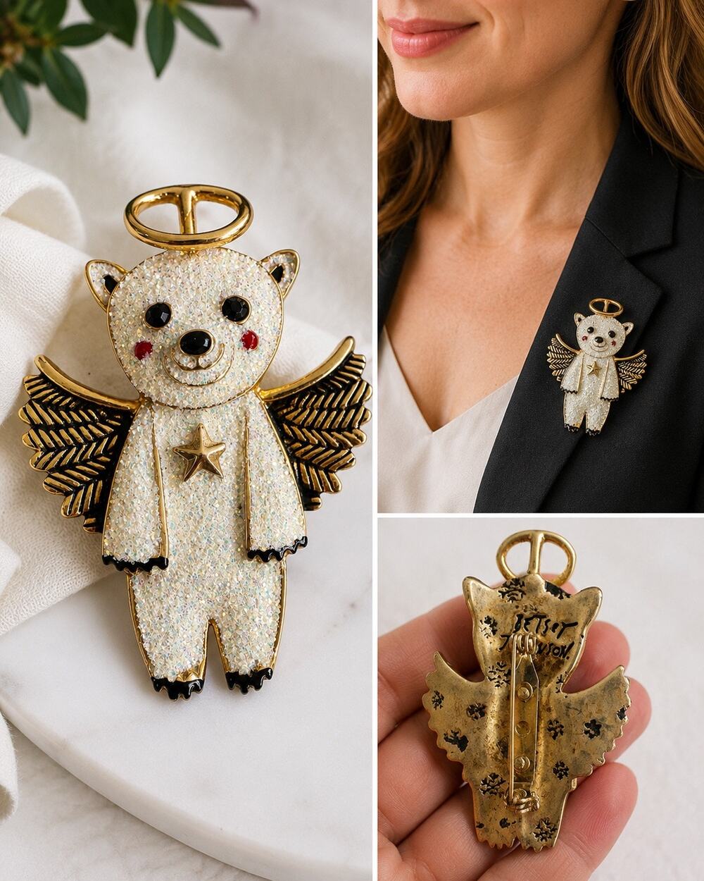 Betsey Johnson Angel Bear Brooch Glitter Gold Tone Wings Halo Signed